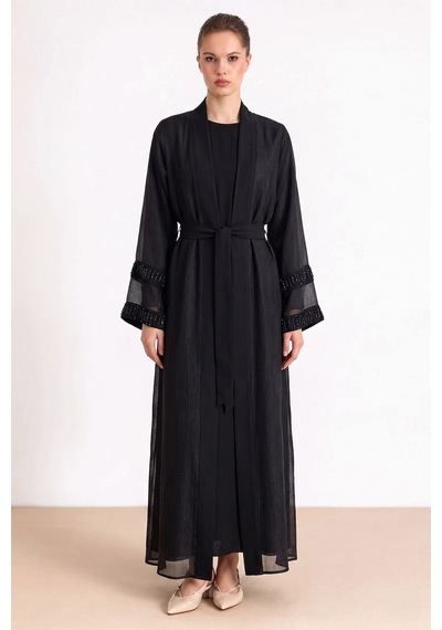 Olcay Kolları Taş Detaylı Organze Abaya Takım Siyah 9449-tk