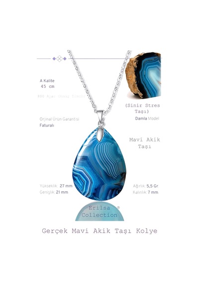 Erilsa Sertifikalı Damla Model Gerçek Mavi Akik Taşı Kolye - Gümüş Apara Çok Renkli