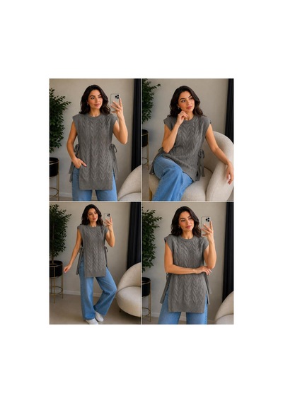 Hira Life Fashion Kadın Bisiklet Yaka Yanları Açık Bağcıklı Oversize Triko Süveter Gri Gri
