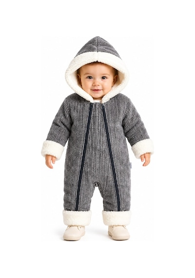 Tatlı Unisex Bebek Fitilli Kadife Kozmonot Tulum Peluş Kürklü Kapüşonlu Çift Fermuarlı Kışlık Bebek Tulumu Siyah