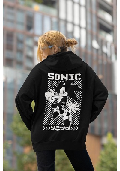 Sevbano Sonic Çizgi Film Baskılı Unisex Oversize Karakter Hoodie Siyah
