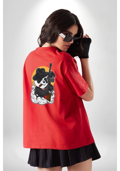 Gangster Panda Kırmızı Oversize Unisex Ön Ve Sırt Baskılı Tişört Kırmızı