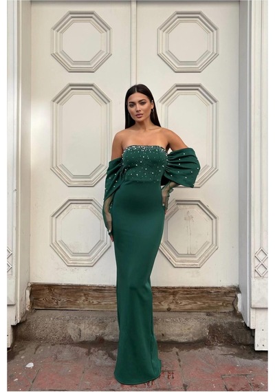 Lior Design Kadın İnce İşçilik Esnek Tül Kumaş Straplez Abiye Elbise Zümrüt