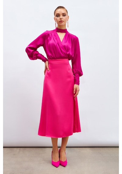 Sateen Yırtmaçlı Saten Etek - Fuşya