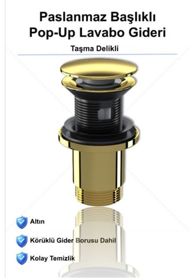İz Yapı Felix Paslanmaz Pop-up Lavabo Gideri Taşma Delikli Altın Üniversal Sızdırmaz Somunlu Parlak Altın