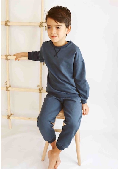 Cigit Basıc Karyoka Detaylı Sweatshirt Takım 3-8 Yaş Lacivert Lacivert
