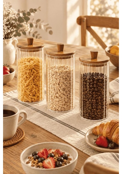Atbyhome 3'lü Akasya Ahşap Kapaklı Çizgili Cam Kavanoz 1160 Ml - Vakumlu Erzak Ve Bakliyat Kabı Ahşap - Şeffaf