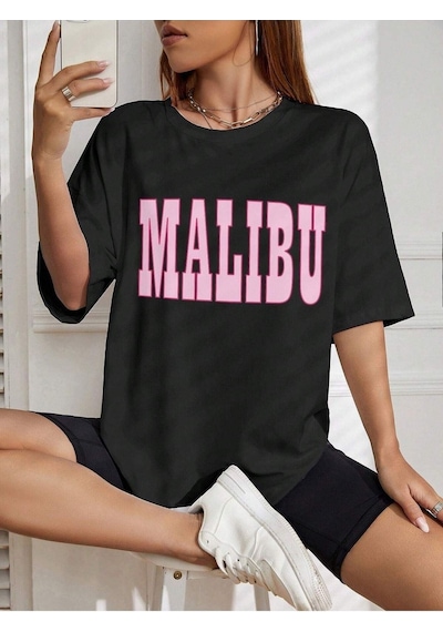 Malibu T-shirt - Siyah Baskılı Oversize Bisiklet Yaka Kısa Kol Tişört Siyah Malibu T-shirt - Siyah Baskılı Oversize Bisiklet Yaka Kısa Kol Tişört Siyah