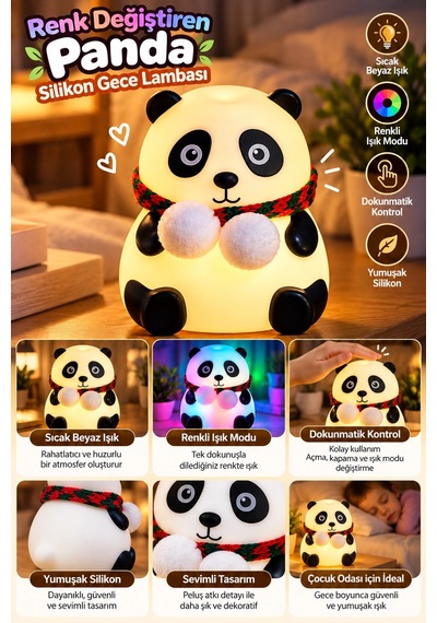 Sevimli Panda Silikon Gece Lambası Renkli Işık Modu Dokunmatik Kontrollü Aydınlatma Diğer