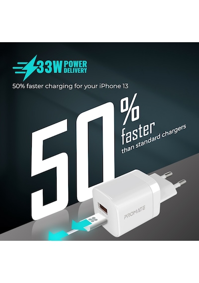 Promate PowerPort-33 33W,Type-C PD , USB Hızlı Şarj Cihazı Beyaz