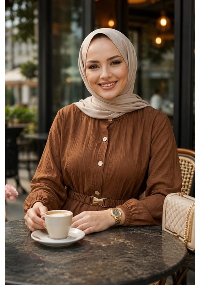 Hb Harma Time Butik Kadın Düğmeli Kemerli Çilek Kumaş Kahverengi Elbise Kahverengi Kahverengi Hb Harma Time Butik Kadın Düğmeli Kemerli Çilek Kumaş Kahverengi Elbise Kahverengi Kahverengi