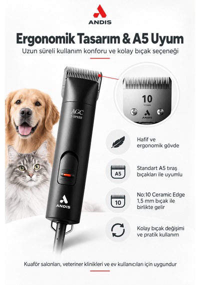 Andis Agc 2 Çift Devirli Kablolu Kedi Köpek Tıraş Makinesi - Yüksek