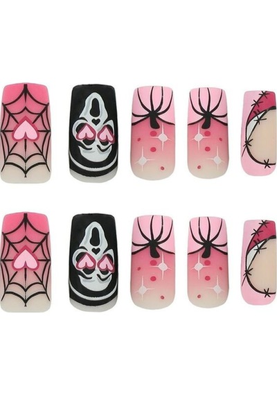 Halloween Korku Maskeli Özel Tasarım Uzun Düz Takma Tırnak Seti 24 Adet - Pembe
