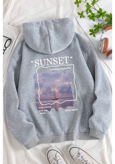 Uyguntarz Unisex Sunset Baskılı Sweatshirt Gri