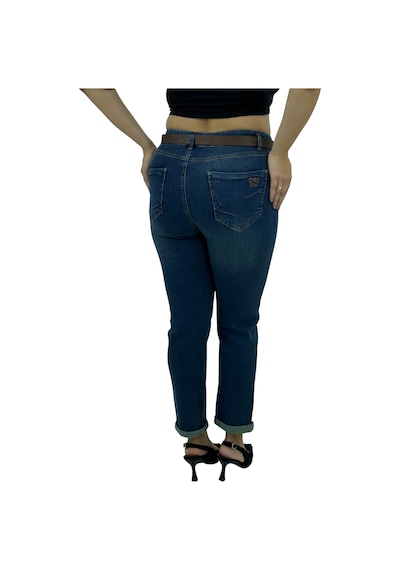 Büyük Beden Denim Toparlayıcı Kemerli Yüksek Bel Boru Paça Kadın Pantolon Mavi