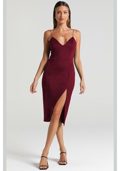 Madmext Bordo V Yaka Yırtmaçlı Saten Elbise Mg1742-bordo Bordo