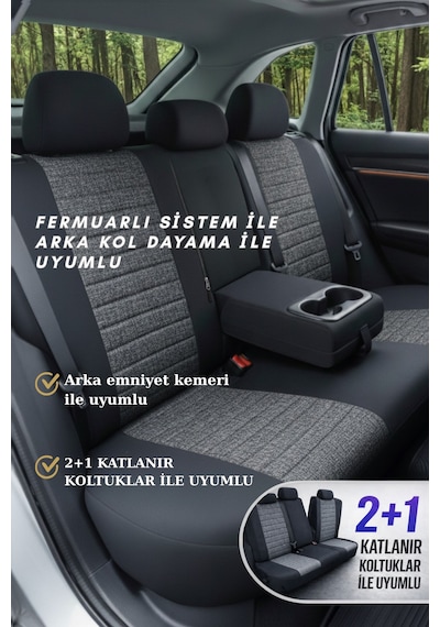 Lifos Serisi Koton Kumaş Universal Oto Koltuk Kılıfı Tam Set Füme