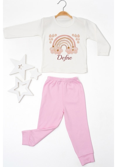 Pia Baby İsme Özel Kız Çocuk Pijama Takımı %100 Pamuk Penye İsim Baskılı Kişiye Özel Çocuk Pijaması 10317p14pi Krem
