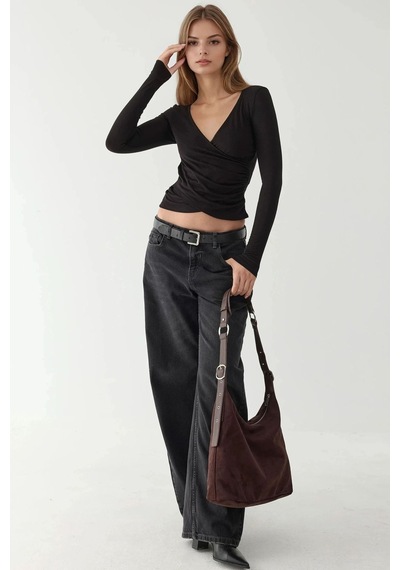 Hiccup Yumuşak Dokulu Slim Fit V Yaka Uzun Kollu Üst Siyah