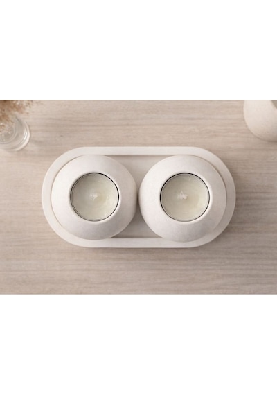 Altlıklı Minimal 2 Li Dekoratif Mumluk Seti İskandinav Tarz, Oval Tabaklı Beyaz