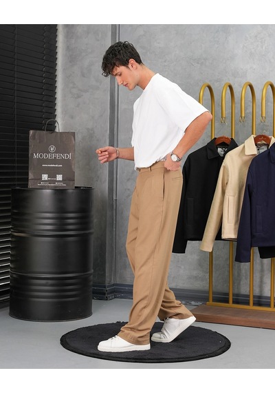 Modefendi Baggy Kalıp Pile Detaylı Kumaş Pantolon Camel