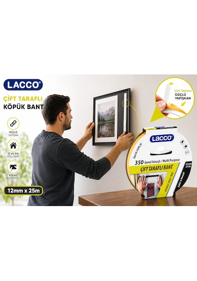 Lacco Çift Taraflı Köpük Bant 12 Mm X 25 M Güçlü Yapışkanlı Montaj Bandı Çok Amaçlı Beyaz 1 Adet