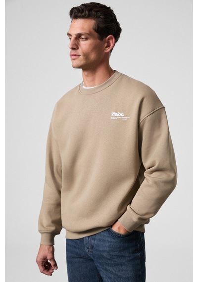 Grimelange Ernest Erkek Organik Pamuklu Yumuşacık Baskı Detaylı Bisiklet Yaka İçi Polarlı Bej Sweatshirt