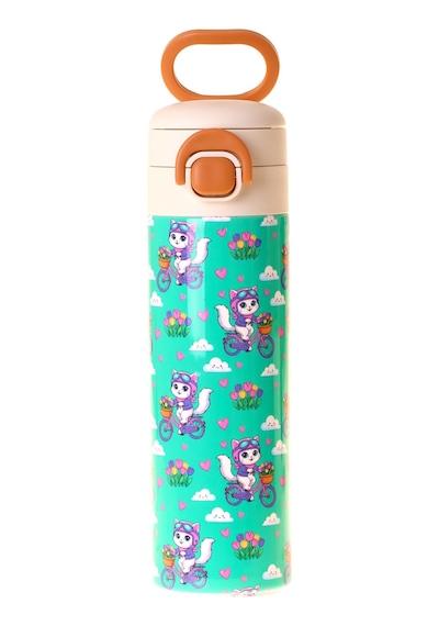 Kaukko Kids 520 Ml Bisikletli Kedi Baskılı Yeşil Kız Çocuk Çelik Termos Matara Çift İçim Kilitli Kapak - L5331