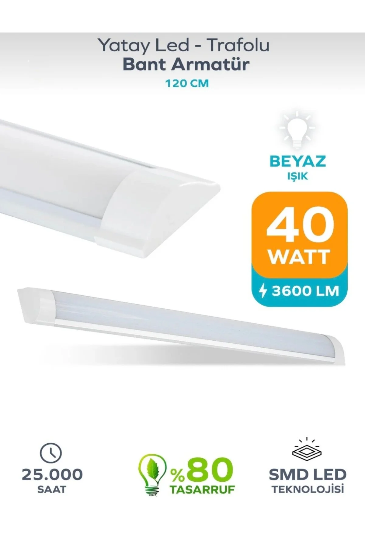 120 Cm 40 Wat Yatay Led Bant Armatür Trafolu Beyaz Işık 10 Adet