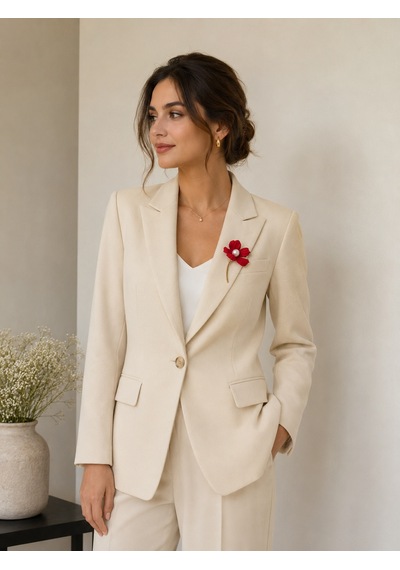 Kadın Kırmızı Çiçek Broş İncili Altın Sarısı Saplı Elegant Ceket Yaka İğnesi Açık Gri
