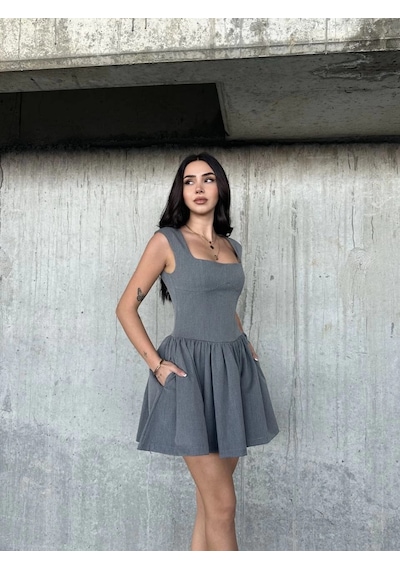 Kolsuz Mini Elbise- Gri Çok Renk