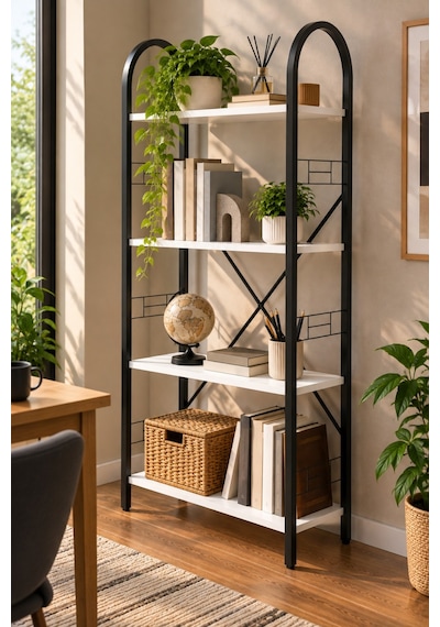 Sulorahome Beyaz Metal İskeletli 4 Raflı Çok Amaçlı Kitaplık Ve Raf Ünitesi 150 Cm Antrasit