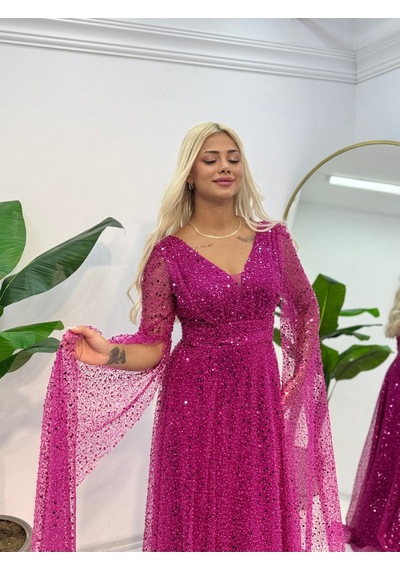 E&a Eren Abiye V Yaka Pelerin Kol Derin Yırtmaçlı Abiye Pembe