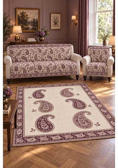 3 Lü Set 2 Adet 165x215 Cm Koltuk Örtüsü + 1 Adet 6m2 180x280 Cm Kaymaz Taban Dijital Baskılı Halı Mürdüm
