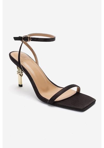Luvishoes Sone Siyah Saten Gold Topuklu İnce Bantlı Kadın Topuklu Ayakkabı