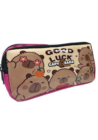 Good Lock Yazılı Capybara Desenli Çift Gözlü Kalemlik Aksesuar Çantası Pembe