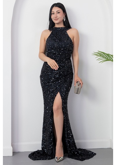 Kalopya Halter Yaka Yırtmaçlı Pulpayet Elbise Ecr5482 Lacivert