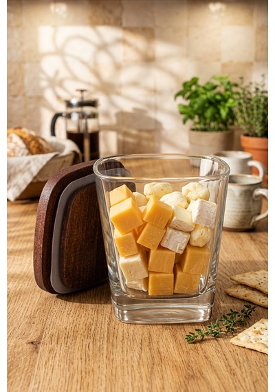 Prime - 3'lü Kahvaltılık Ahşap Standlı Vakumlu Kapaklı Cam Baharatlık Çok Amaçlı Cam Çerezlik Kahvaltılık 300 Ml Kahverengi