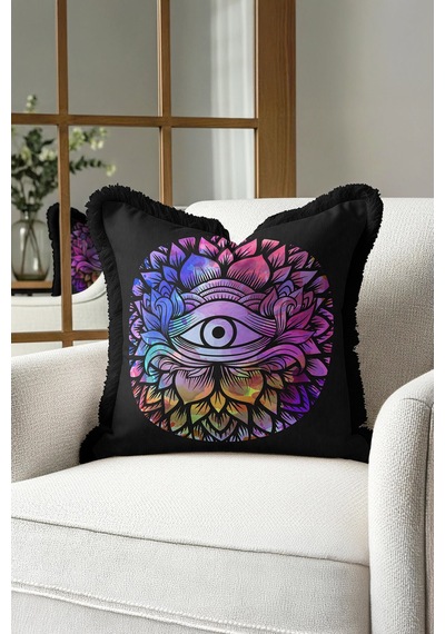 Spiritüel Lotus Motifli Saçaklı Yastık Kılıfı - Mistik Bohem Çok Renkli Püsküllü Kırlent Kılıfı Çok Renkli