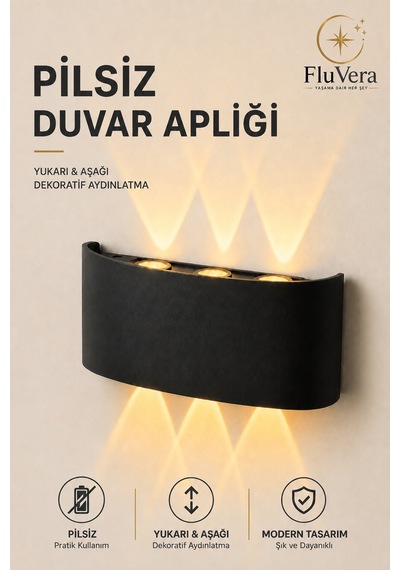 Pilsiz Amber 3 Led Siyah Duvar Apliği Yukarı Aşağı Işık Dekoratif Led Duvar Lambası Modern İç Dış Mekan Siyah