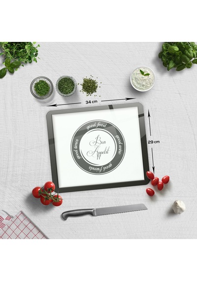 Decorita Cam Kesme Tahtası | Good Food - Beyaz Fon | 29cm x 34cm