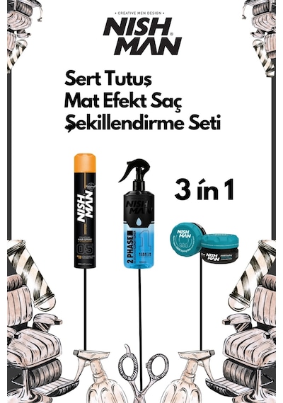 Sert Tutuş Mat Efekt Saç Şekillendirici Set 3 In 1/05 Saç Sprey ,m4 Wax Ve Fön Suyu