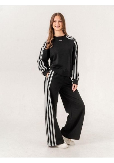 Kız Çocuk 2 İplik 3 Şeritli Sweatshirt-14938 Siyah