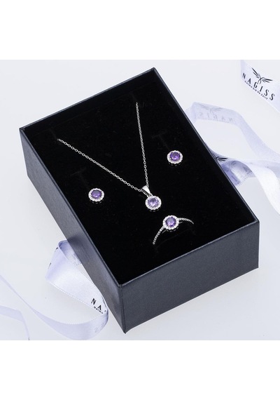 Mor Zirkon Taşlı 925 Ayar Gümüş Kadın Üçlü Tektaş Set