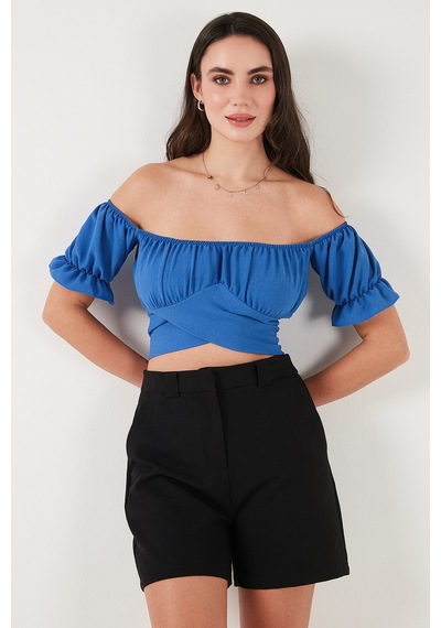 Lela Regular Fit Madonna Yaka Bağlama Detaylı Crop Bayan Bluz 6527017 Mavi