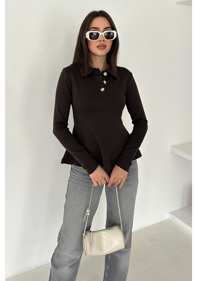 Noa & Noa Düğme Detaylı Uzun Kollu Bluz Classy Kahverengi