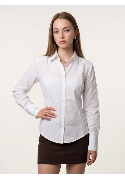 Pera Moda Kadın Beyaz Gömlek Vatkalı Poplin Manşetli Oversize Şık Gömlek