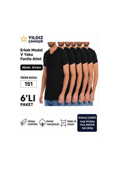 Yıldız Çamaşır Erkek V Yaka Kısa Kol Modal Likralı Fanila Atlet 150-151-152-153 - 6 Adet Siyah