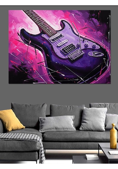 Ahşap Tablo Mor Işıklı Modern Elektro Gitar Obje Tabloları
