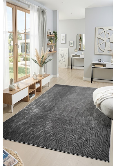 Raschel Carpet Premium Yıkanabilir Leke Tutmaz Yaprak Emboss Koyu Gri Özel Seri Kaymaz Taban Halı Yolluk Koyu Gri
